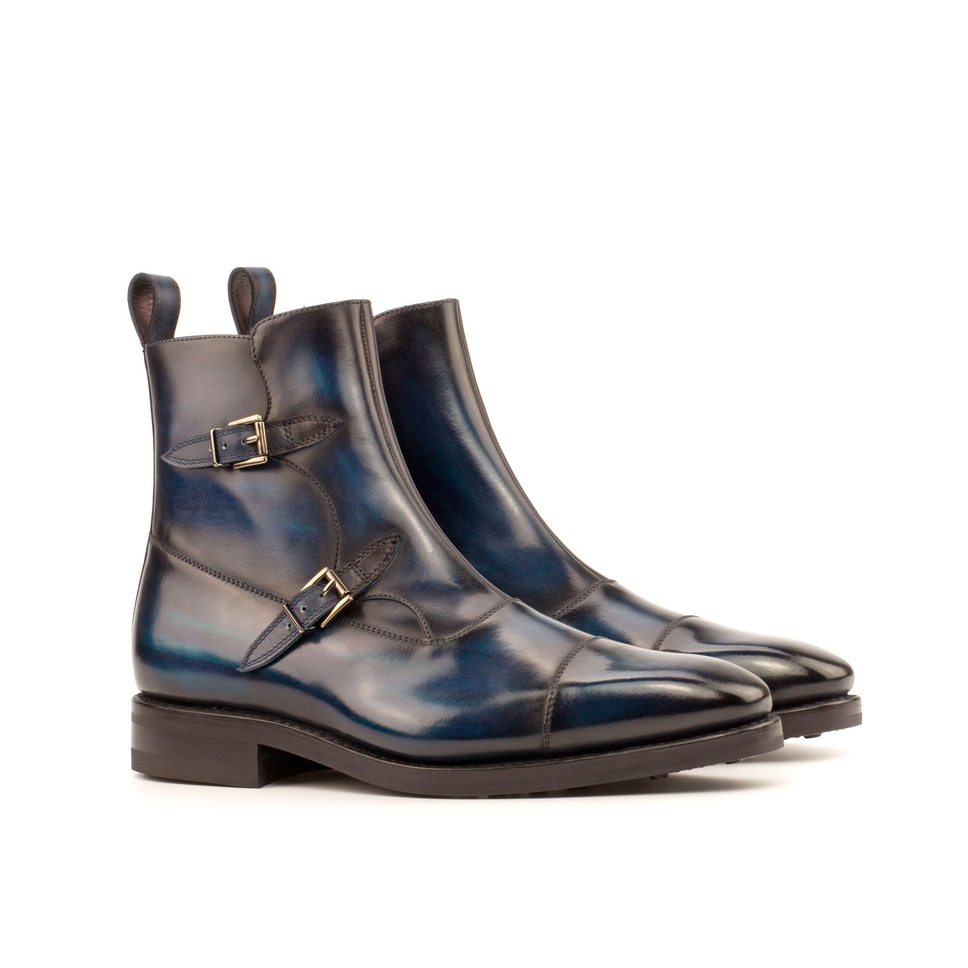 Double Buckle Boot in Denim Patina Box Calf and Navy Box Calf, front three-quarter view