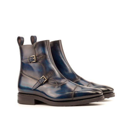 Double Buckle Boot in Denim Patina Box Calf and Navy Box Calf, front three-quarter view