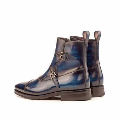 Double Buckle Boot in Denim Patina Box Calf and Navy Box Calf, rear three-quarter view