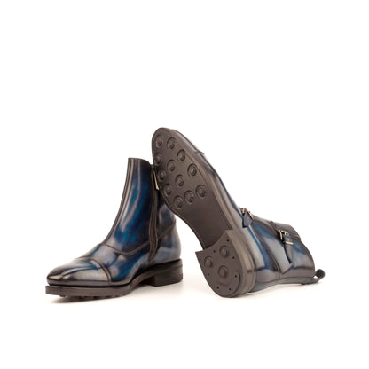 Double Buckle Boot in Denim Patina Box Calf and Navy Box Calf showing black dainite rubber sole