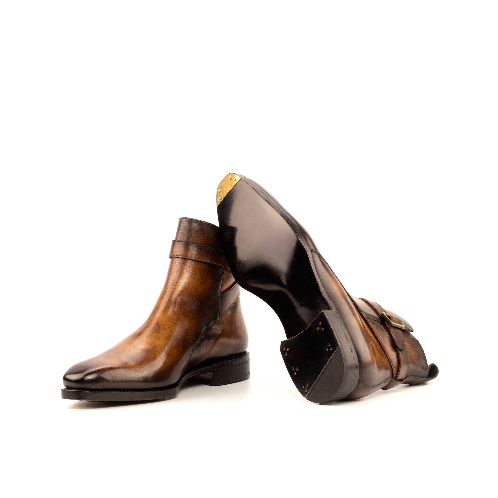 Jodhpur Boot in Tobacco Museum Patina Box Calf showing black leather sole with a bevelled waist