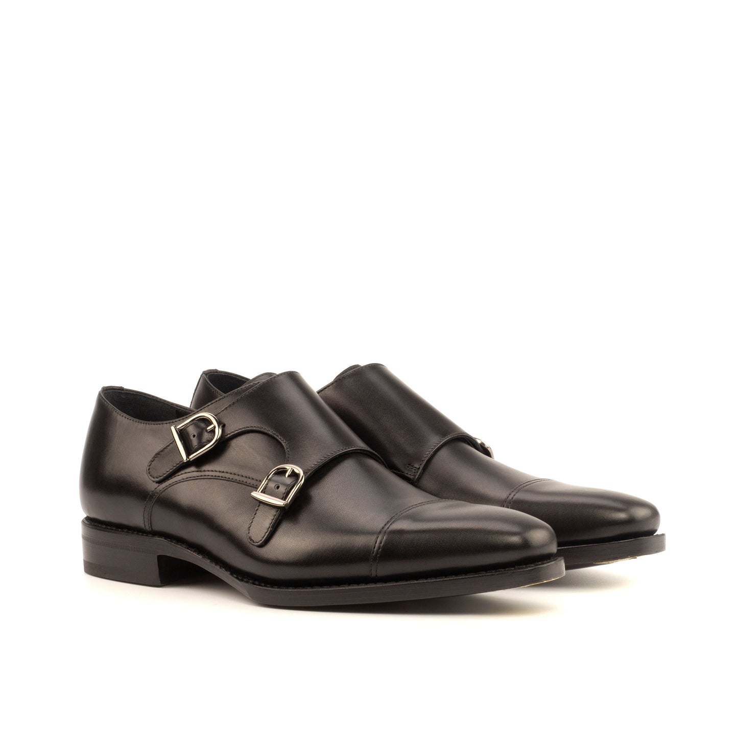 Double Monk Strap in Black Box Calf, front three-quarter view