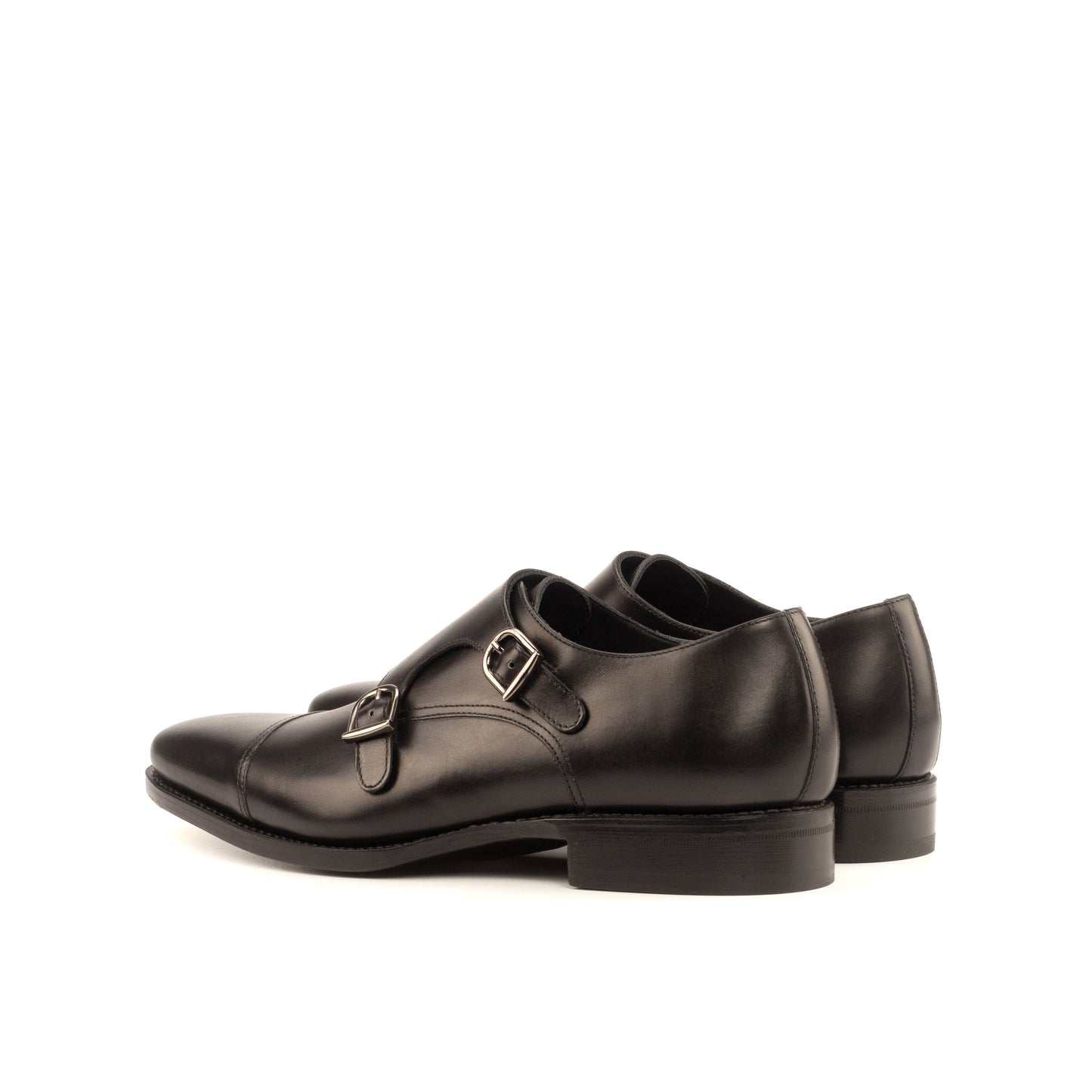 Double Monk Strap in Black Box Calf, rear three-quarter view