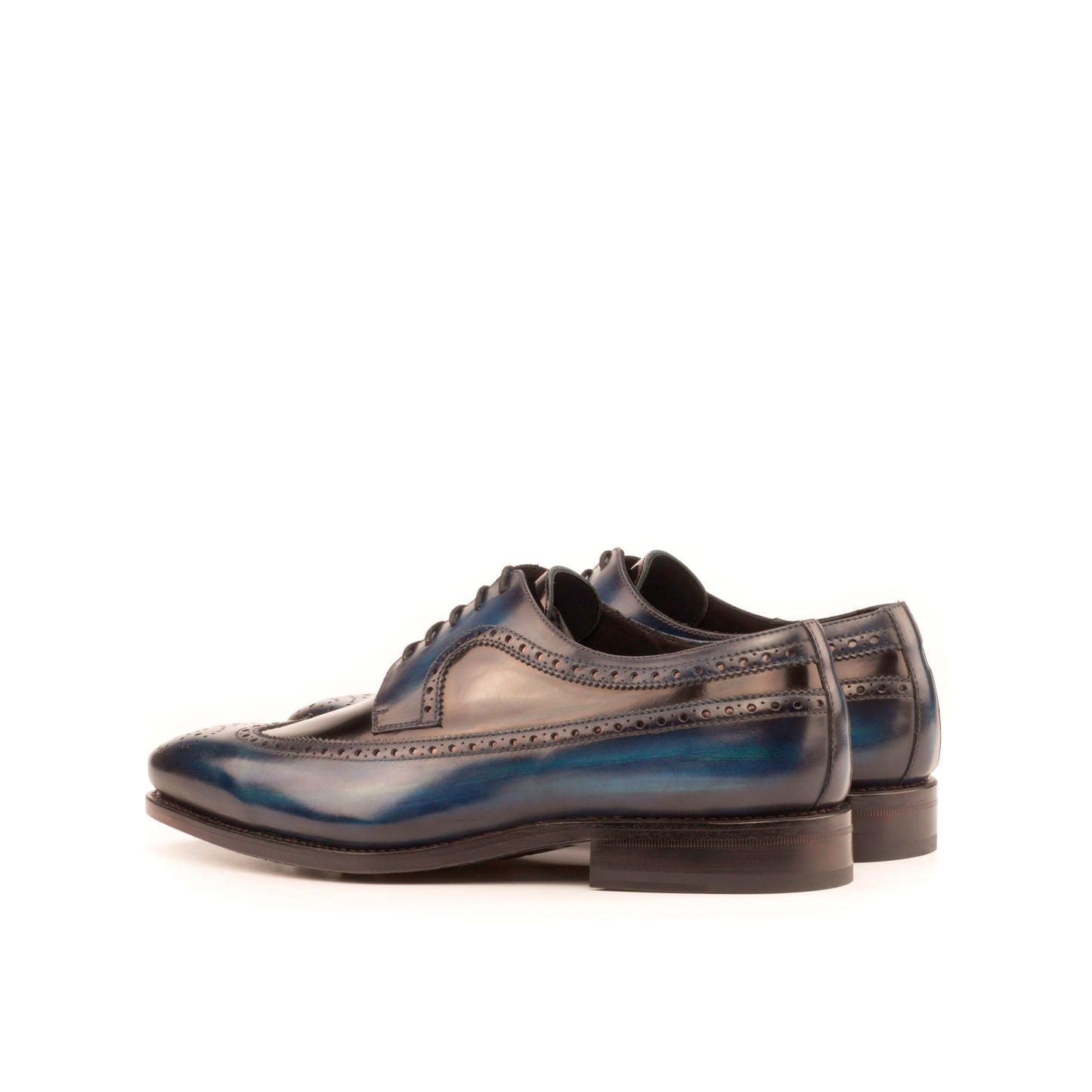 Long Wingtip Derby in Denim Patina Box Calf and Black Patent Leather, rear three-quarter view