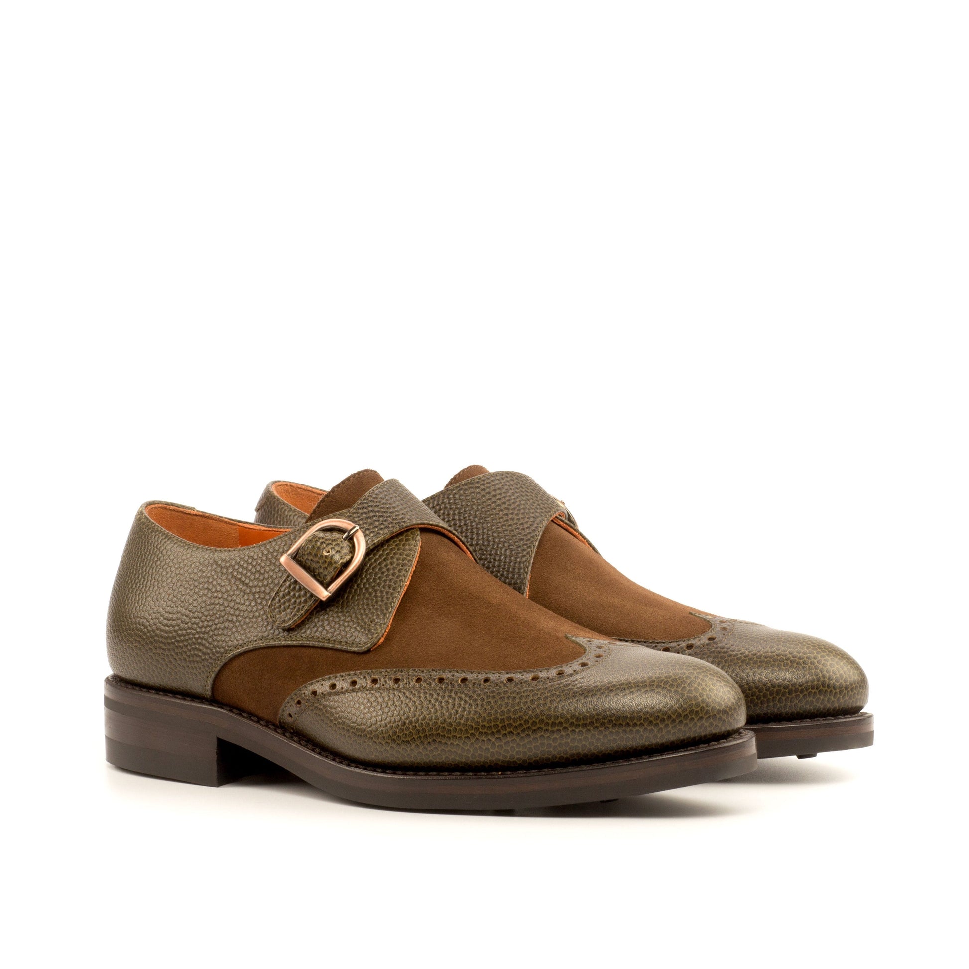 Single Monk Strap in Olive Painted Pebble-Grain Box Calf and Black Herringbone Fabric, front three-quarter view
