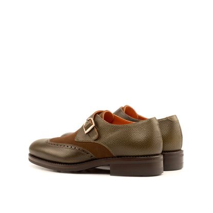 Single Monk Strap in Olive Painted Pebble-Grain Box Calf and Black Herringbone Fabric, rear three-quarter view
