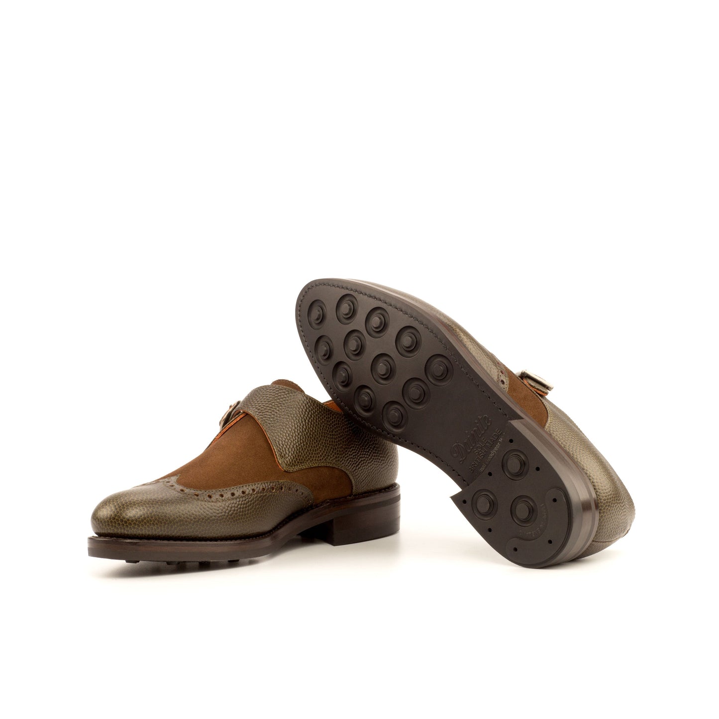 Single Monk Strap in Olive Painted Pebble-Grain Box Calf and Black Herringbone Fabric showing black dainite rubber sole