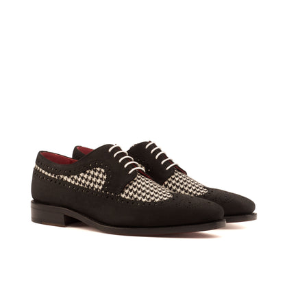 Long Wingtip Derby in Black Lux Suede and Black and White Houndstooth Fabric, front three-quarter view