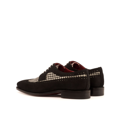 Long Wingtip Derby in Black Lux Suede and Black and White Houndstooth Fabric, rear three-quarter view