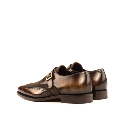 Single Monk Strap in Brown Patina Box Calf and Black Herringbone Fabric, rear three-quarter view