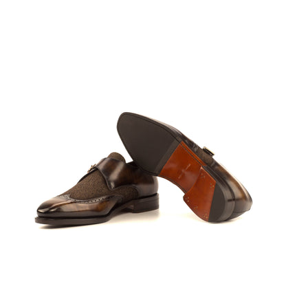 Single Monk Strap in Brown Patina Box Calf and Black Herringbone Fabric showing cognac leather and rubber combination sole