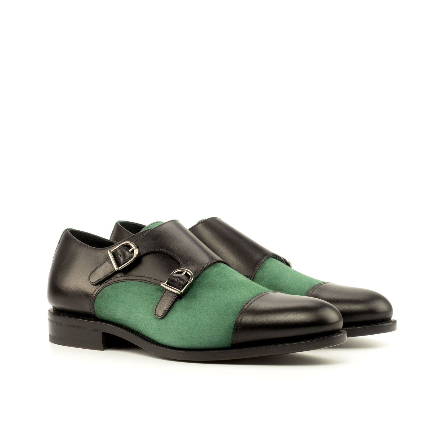 Double Monk Strap in Black Box Calf and Forest Green Kid Suede, front three-quarter view