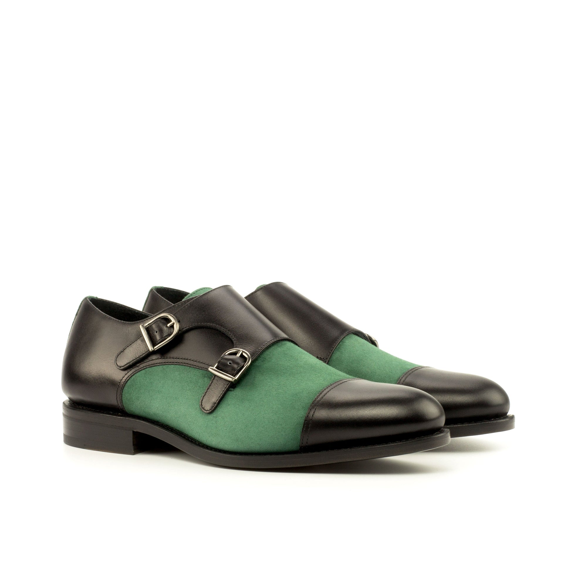 Double Monk Strap in Black Box Calf and Forest Green Kid Suede, front three-quarter view