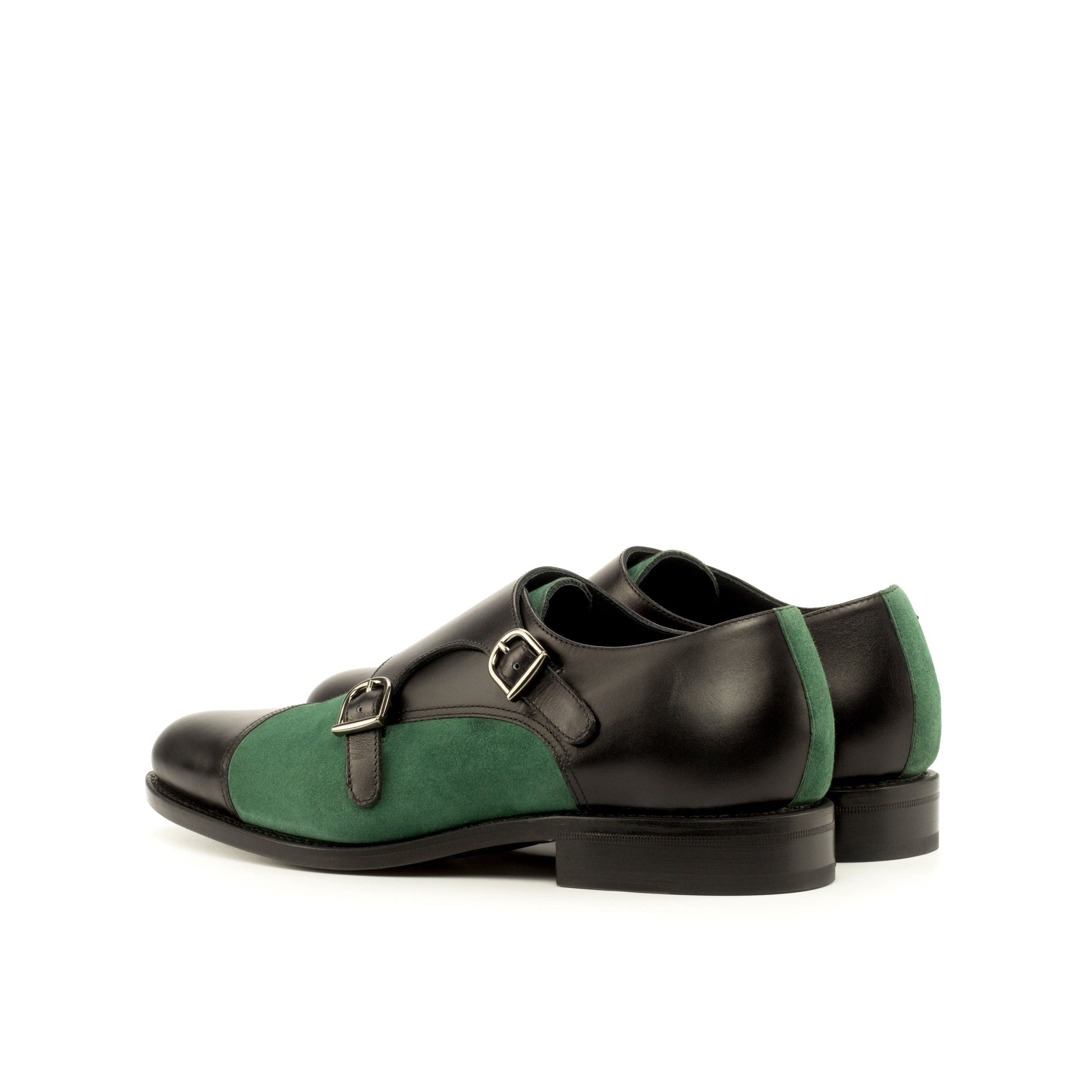 Double Monk Strap in Black Box Calf and Forest Green Kid Suede, rear three-quarter view
