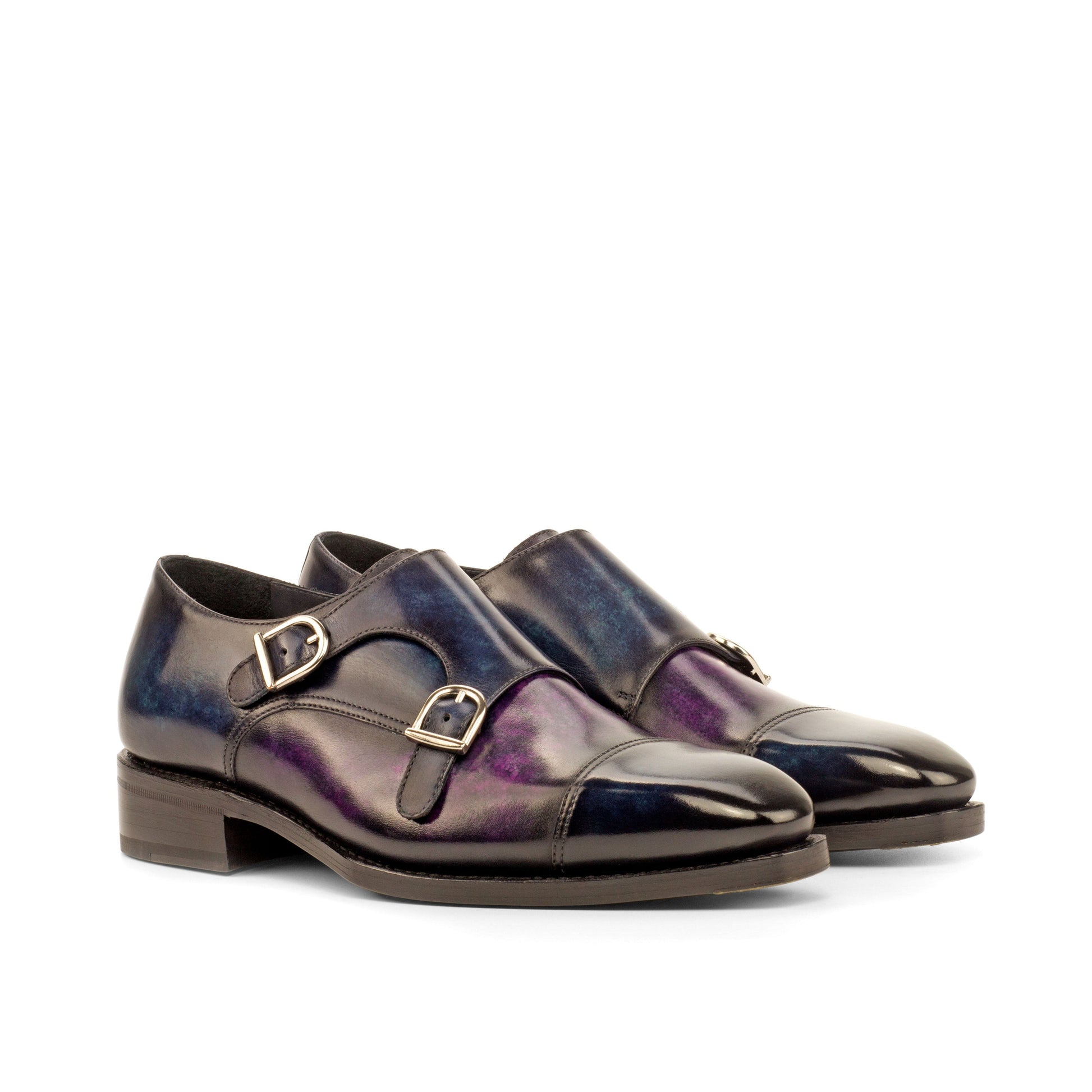 Double Monk Strap in Denim Marble Patina Box Calf and Purple Marble Patina Box Calf, front three-quarter view