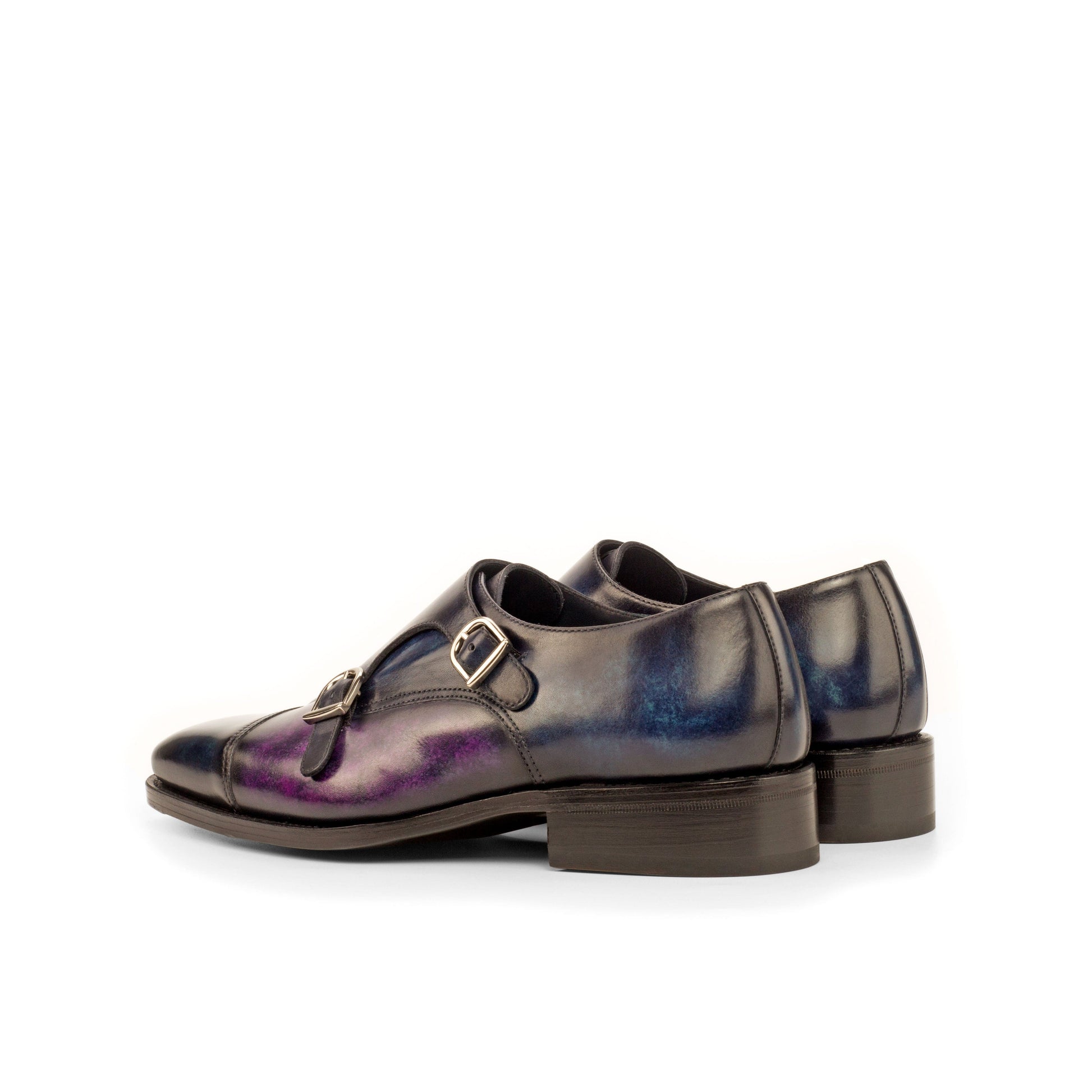 Double Monk Strap in Denim Marble Patina Box Calf and Purple Marble Patina Box Calf, rear three-quarter view