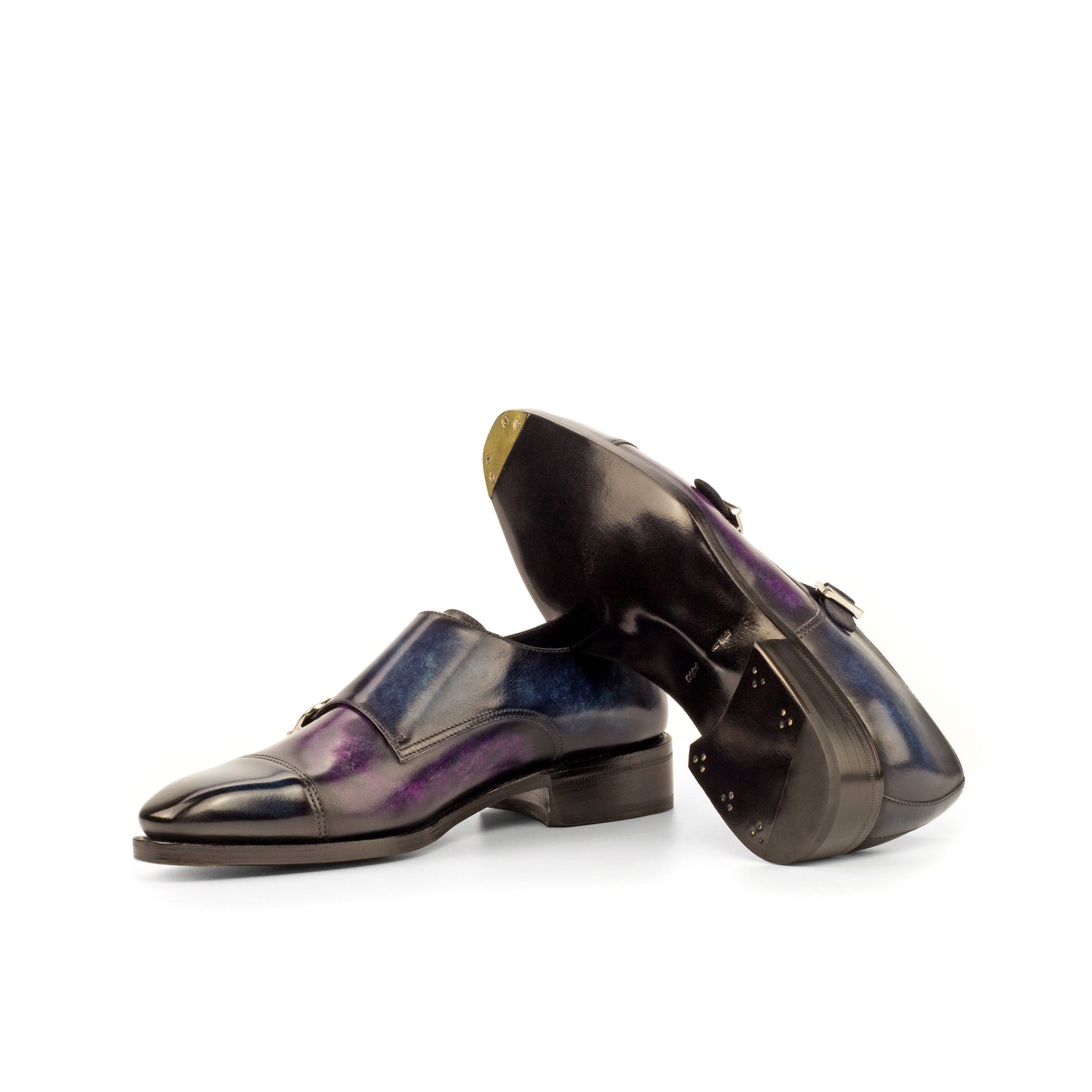 Double Monk Strap in Denim Marble Patina Box Calf and Purple Marble Patina Box Calf showing black leather sole with a bevelled waist