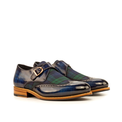 Single Monk Strap in Denim Patina Box Calf and Black Herringbone Fabric, front three-quarter view