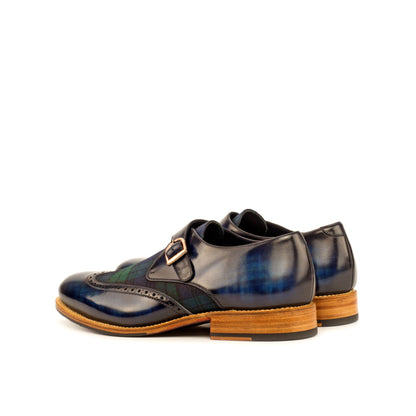Single Monk Strap in Denim Patina Box Calf and Black Herringbone Fabric, rear three-quarter view