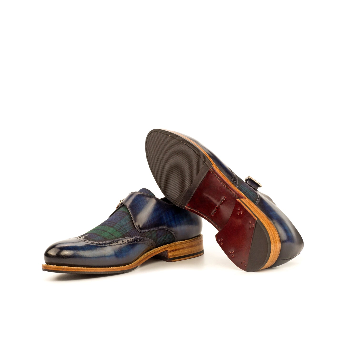 Single Monk Strap in Denim Patina Box Calf and Black Herringbone Fabric showing dark red leather and rubber combination sole