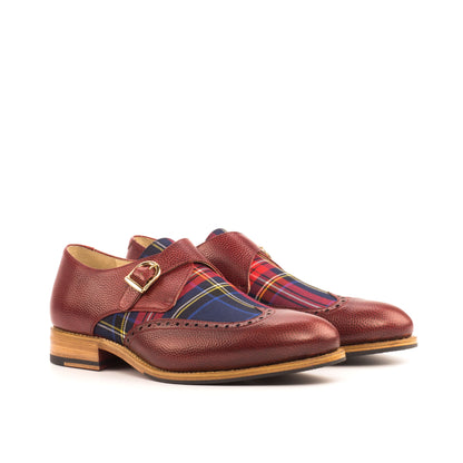 Single Monk Strap in Red Pebble-Grain Box Calf and Black Herringbone Fabric, front three-quarter view