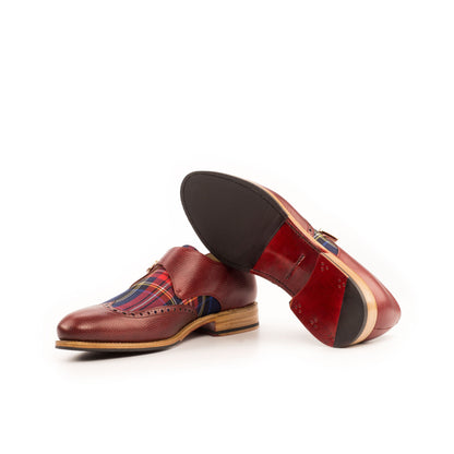 Single Monk Strap in Red Pebble-Grain Box Calf and Black Herringbone Fabric showing red leather and rubber combination sole