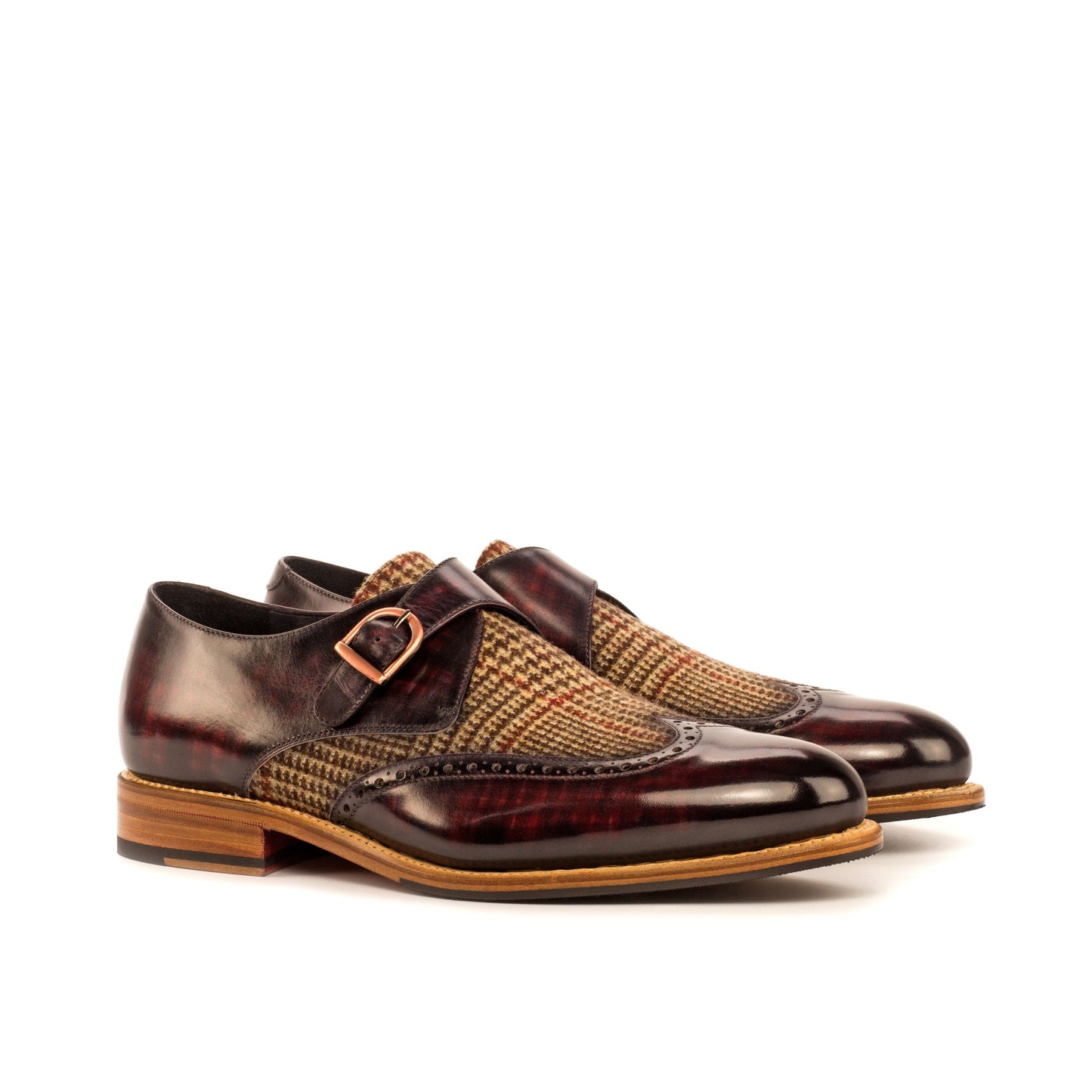 Single Monk Strap in Burgundy Patina Box Calf and Black Herringbone Fabric, front three-quarter view