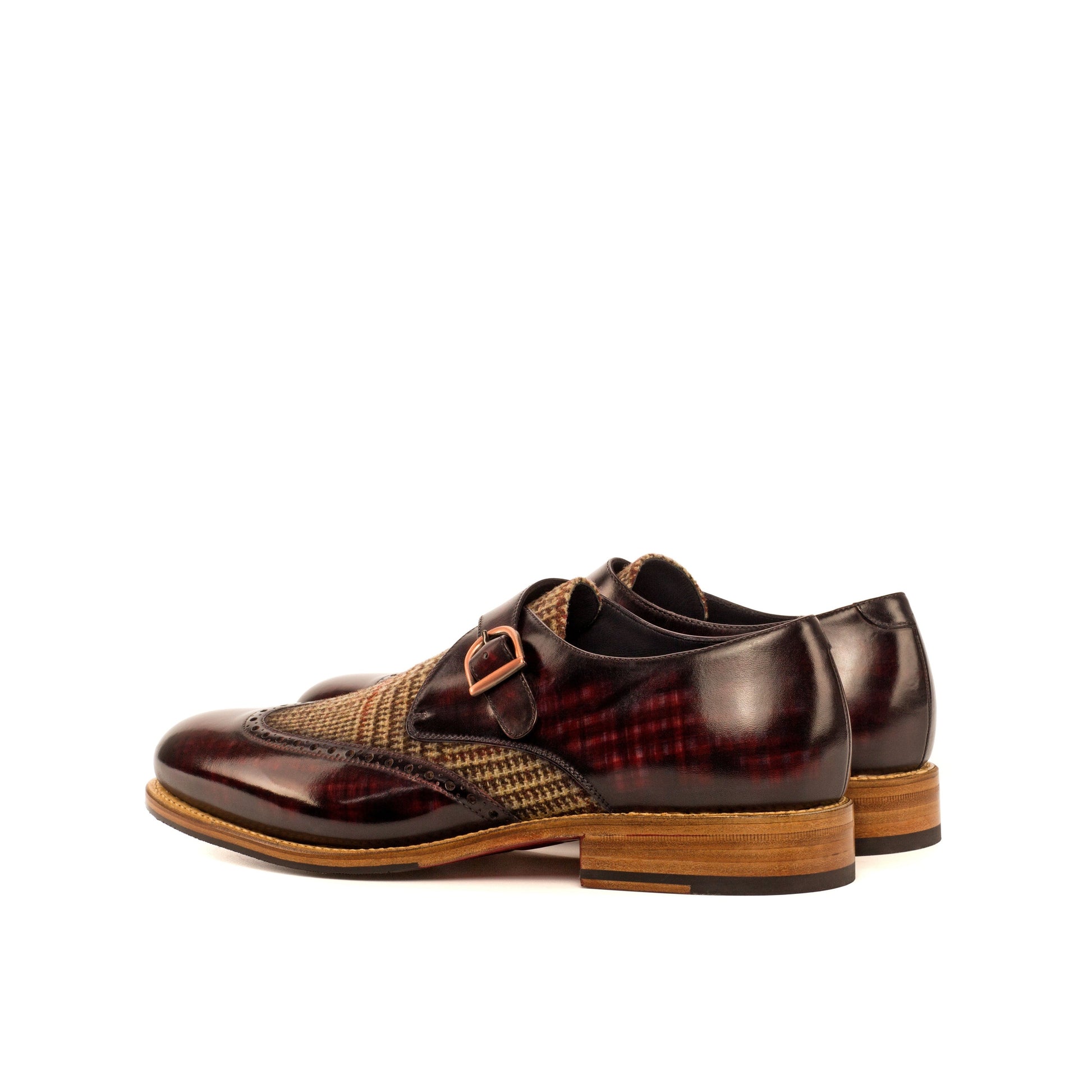 Single Monk Strap in Burgundy Patina Box Calf and Black Herringbone Fabric, rear three-quarter view