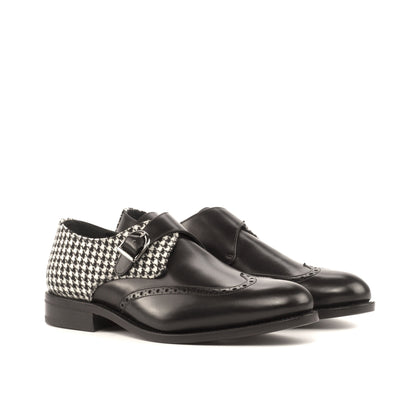 Single Monk Strap in Black Box Calf and Black and White Houndstooth Fabric, front three-quarter view