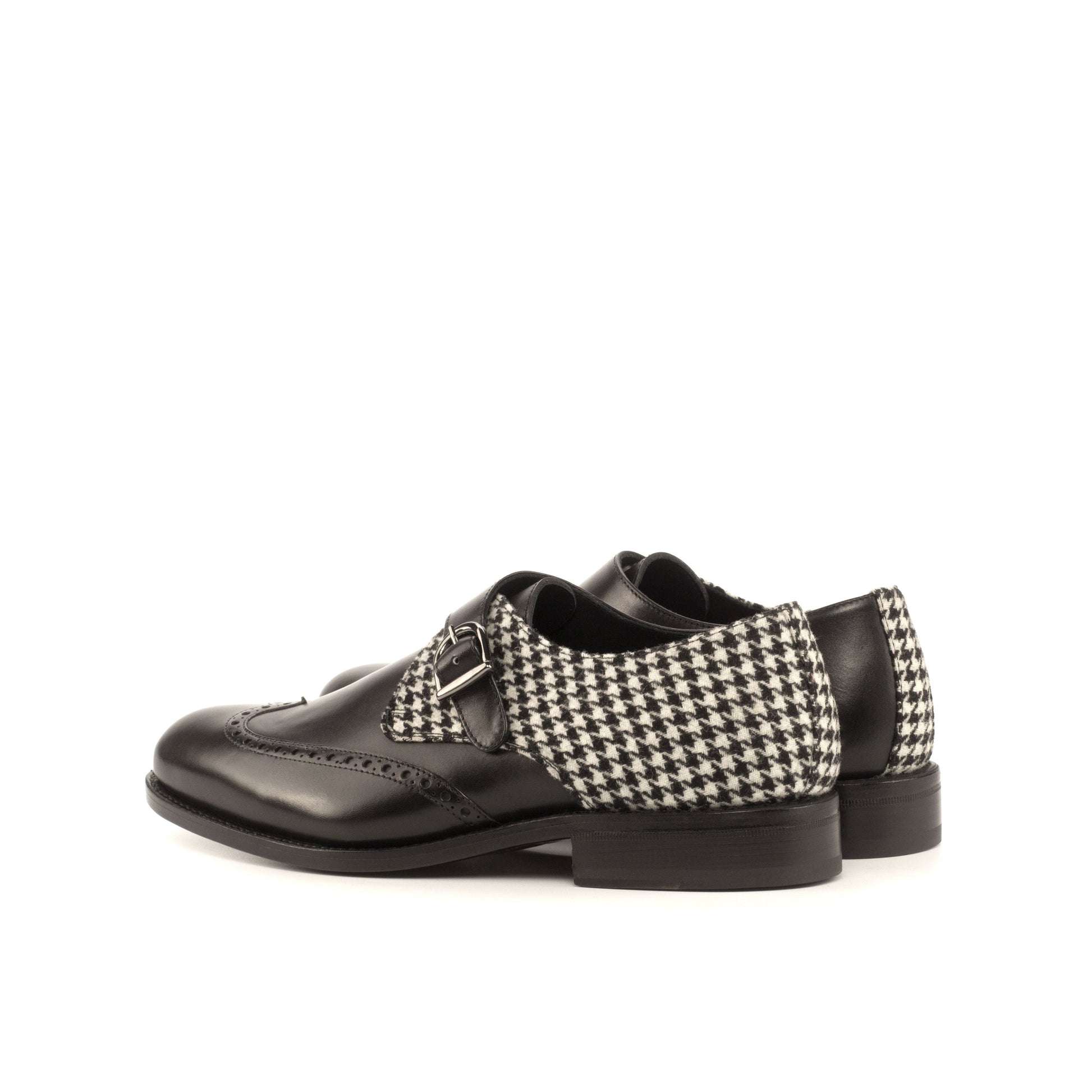 Single Monk Strap in Black Box Calf and Black and White Houndstooth Fabric, rear three-quarter view