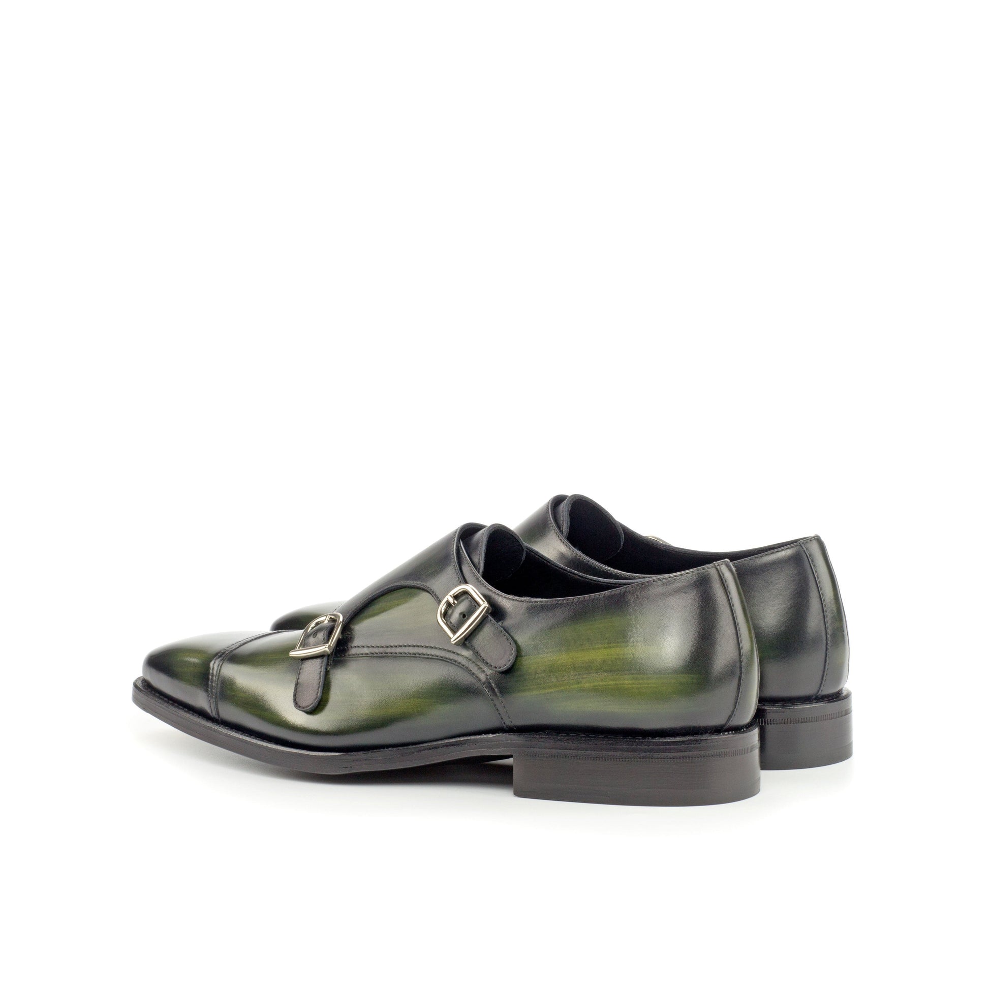 Double Monk Strap in Khaki Patina Box Calf, rear three-quarter view