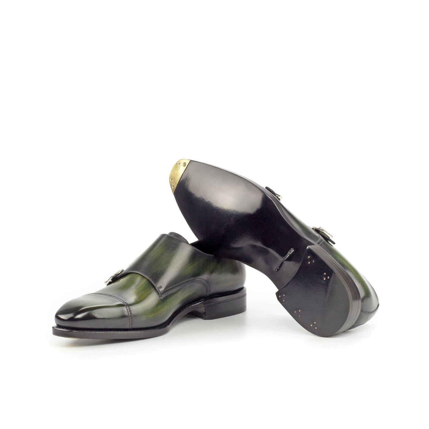 Double Monk Strap in Khaki Patina Box Calf showing black leather sole with a bevelled waist