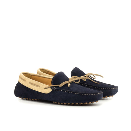 Driver Bow in Navy Calf Suede and Camel Calf Suede, front three-quarter view