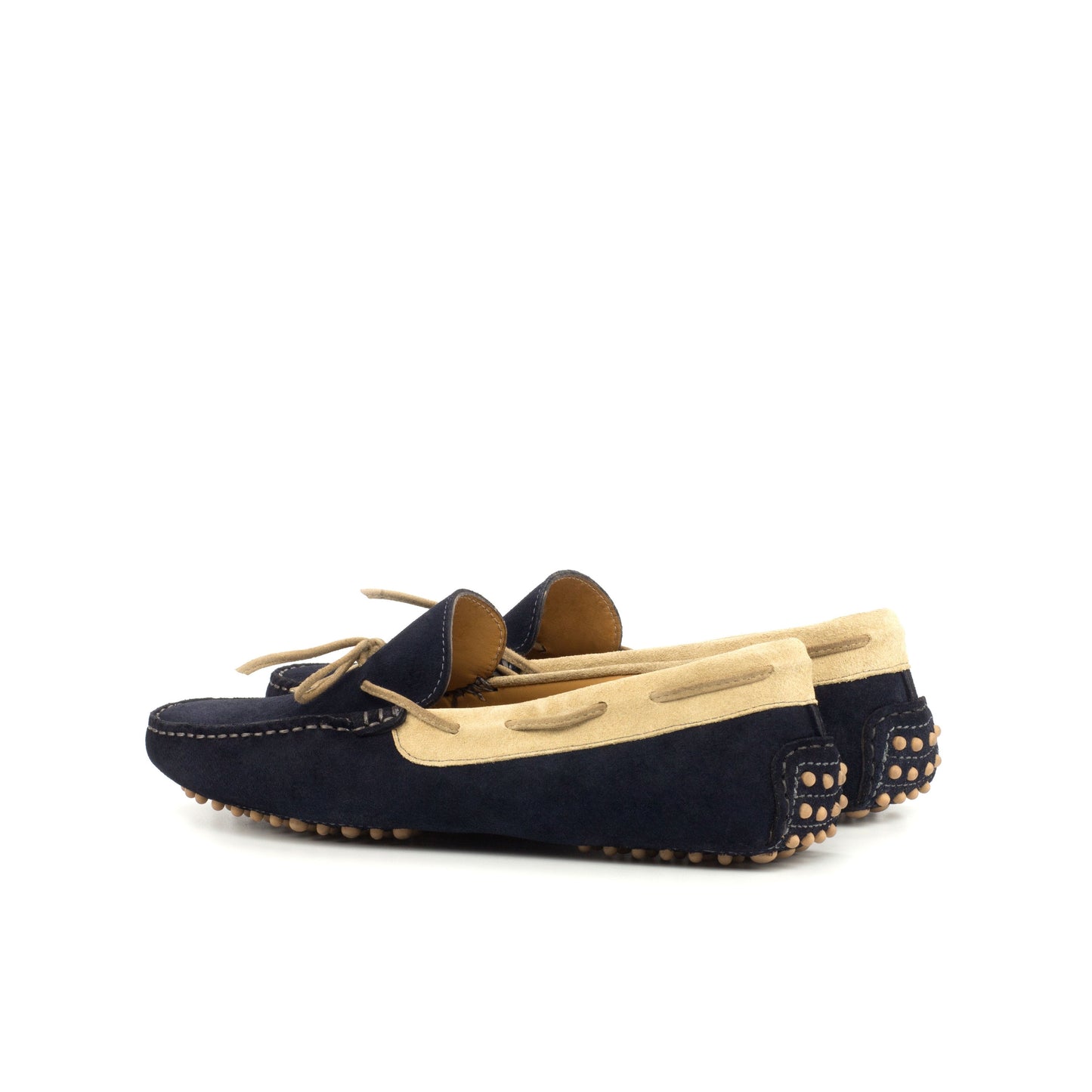 Driver Bow in Navy Calf Suede and Camel Calf Suede, rear three-quarter view