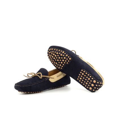 Driver Bow in Navy Calf Suede and Camel Calf Suede, beige rubber pebble sole