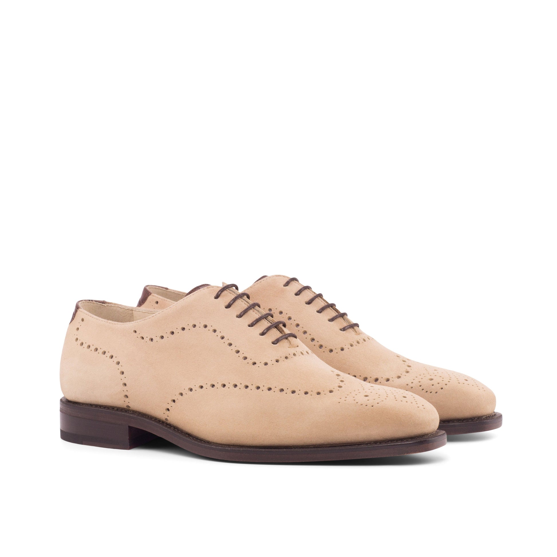Wholecut Oxford in Taupe Kid Suede and Dark Brown Painted Croco-Embossed Box Calf, front three-quarter view