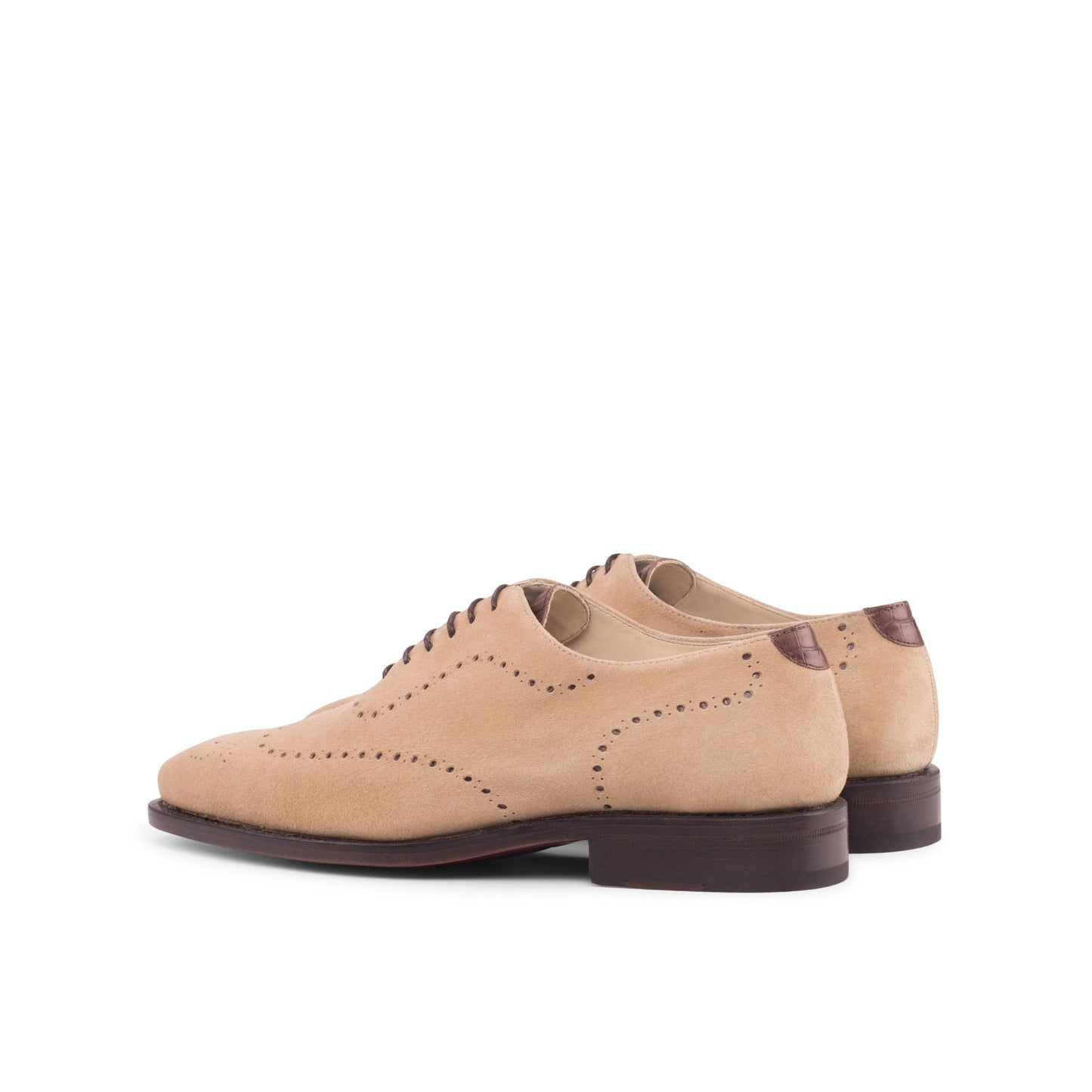 Wholecut Oxford in Taupe Kid Suede and Dark Brown Painted Croco-Embossed Box Calf, rear three-quarter view