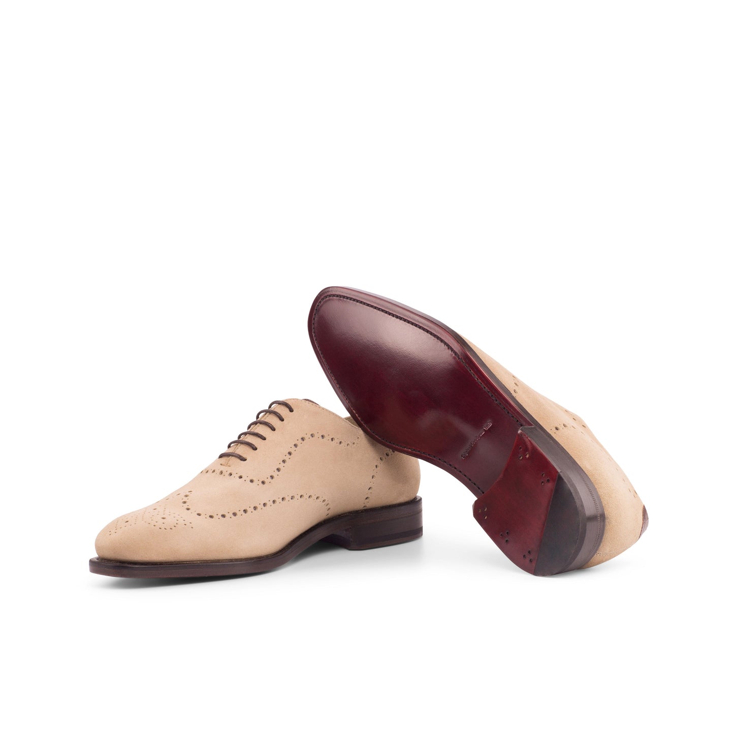 Wholecut Oxford in Taupe Kid Suede and Dark Brown Painted Croco-Embossed Box Calf showing dark red leather sole