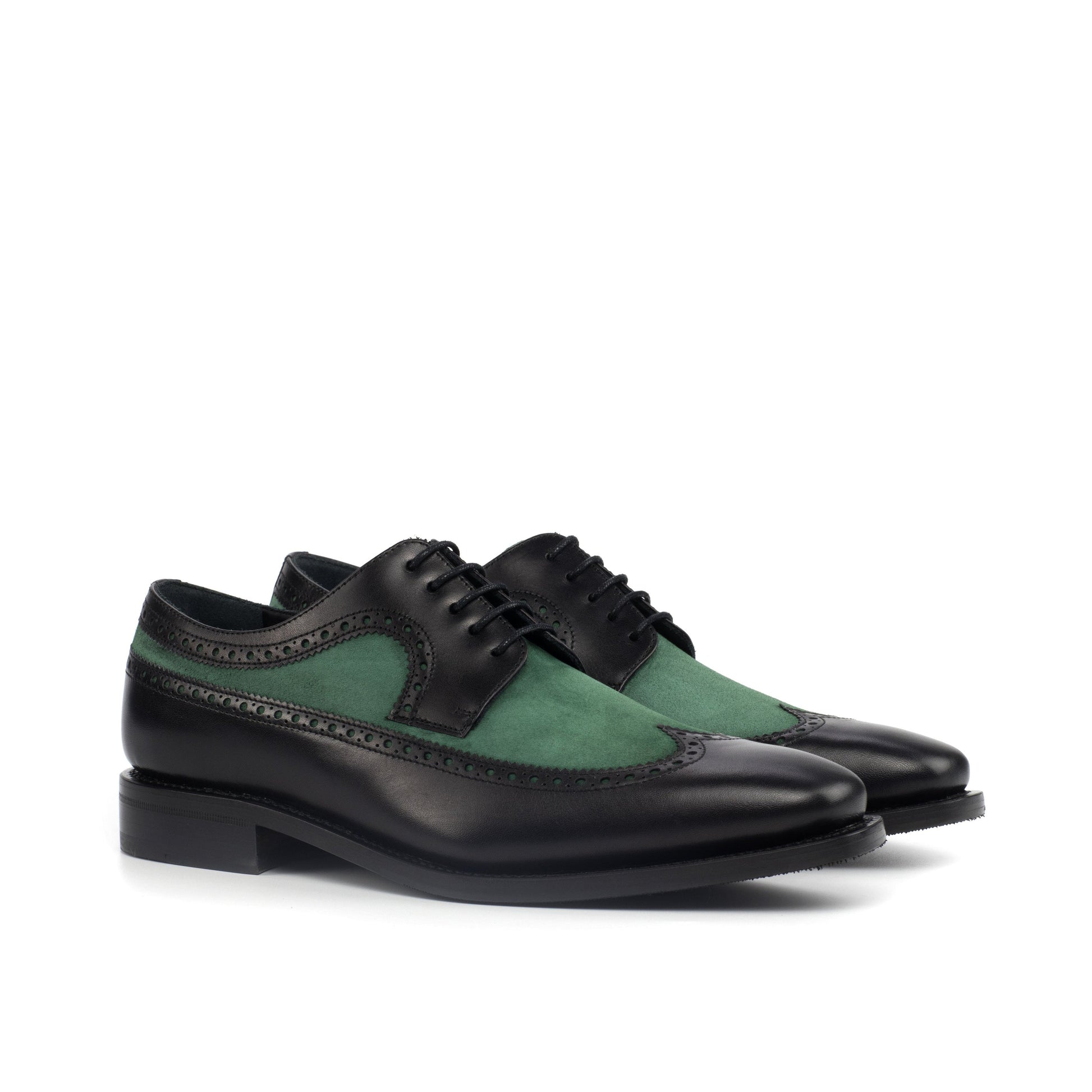 Long Wingtip Derby in Black Painted Box Calf and Forest Green Kid Suede, front three-quarter view