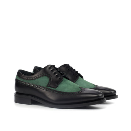 Long Wingtip Derby in Black Painted Box Calf and Forest Green Kid Suede, front three-quarter view
