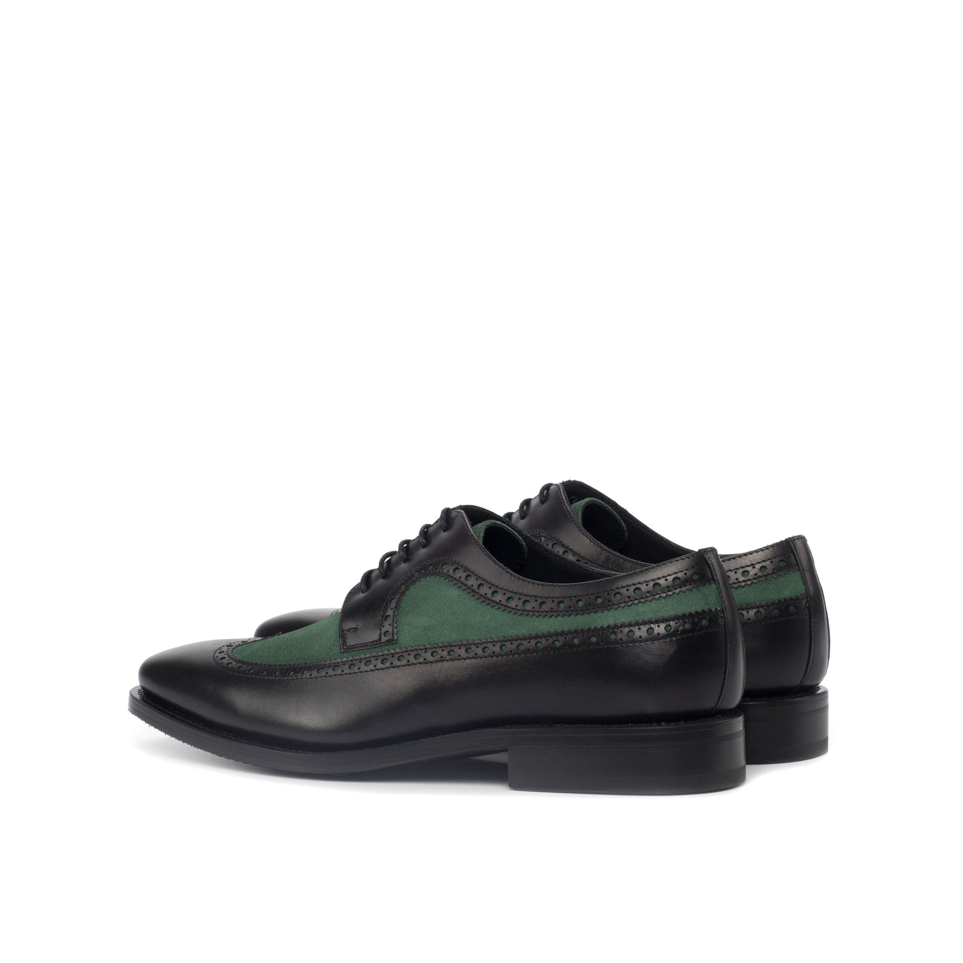 Long Wingtip Derby in Black Painted Box Calf and Forest Green Kid Suede, rear three-quarter view