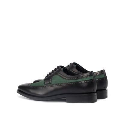 Long Wingtip Derby in Black Painted Box Calf and Forest Green Kid Suede, rear three-quarter view