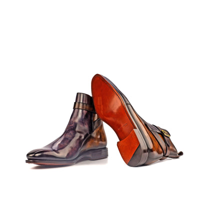 Jodhpur Boot in Tobacco Museum Patina Box Calf and Aubergine Museum Patina Box Calf showing cognac leather sole
