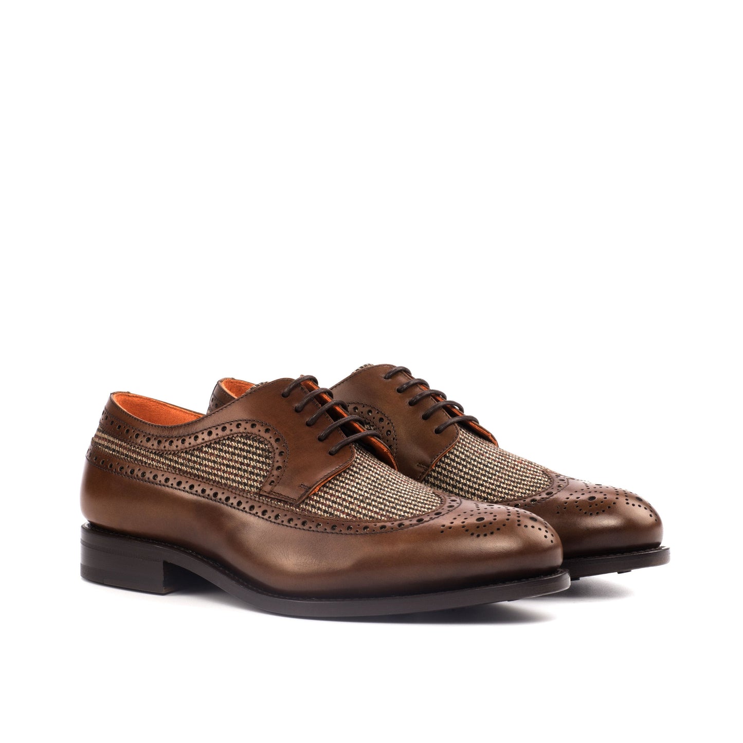 Long Wingtip Derby in Medium Brown Painted Box Calf and Brown Small-Scale Wool Tweed, front three-quarter view