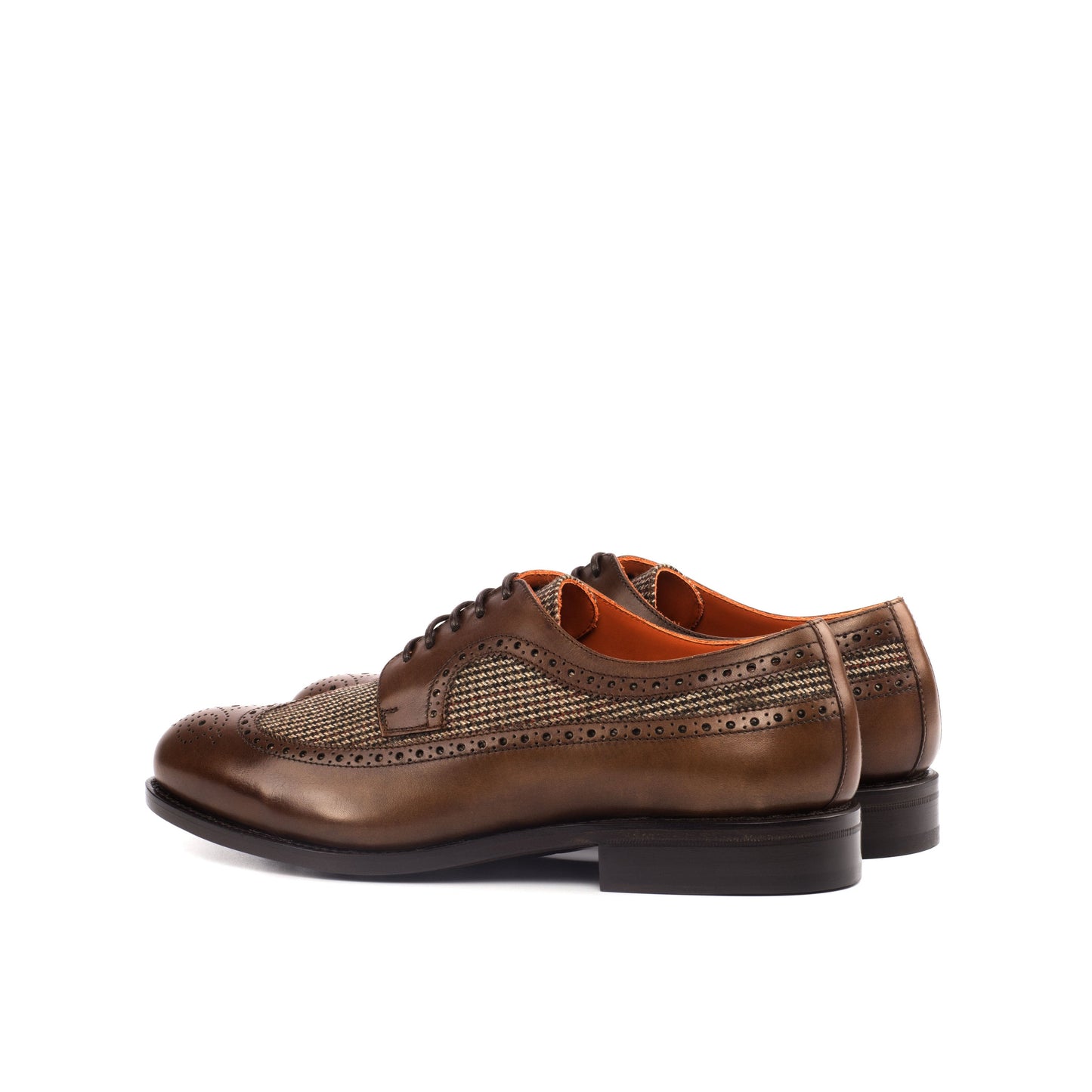 Long Wingtip Derby in Medium Brown Painted Box Calf and Brown Small-Scale Wool Tweed, rear three-quarter view