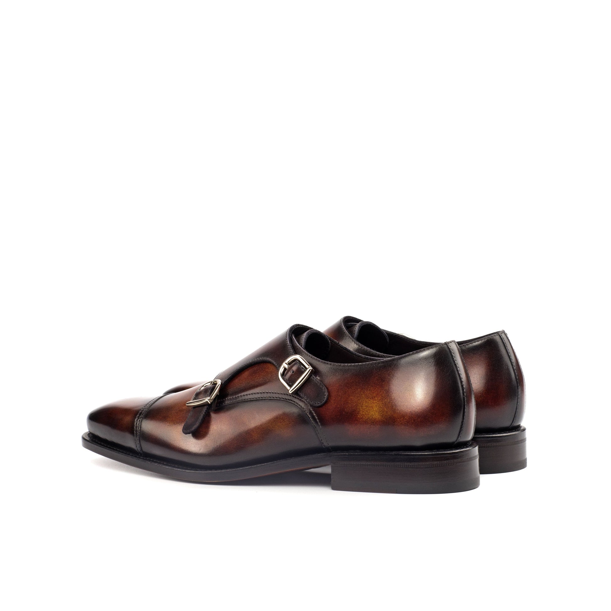 Double Monk Strap in Fire Museum Patina Box Calf, rear three-quarter view