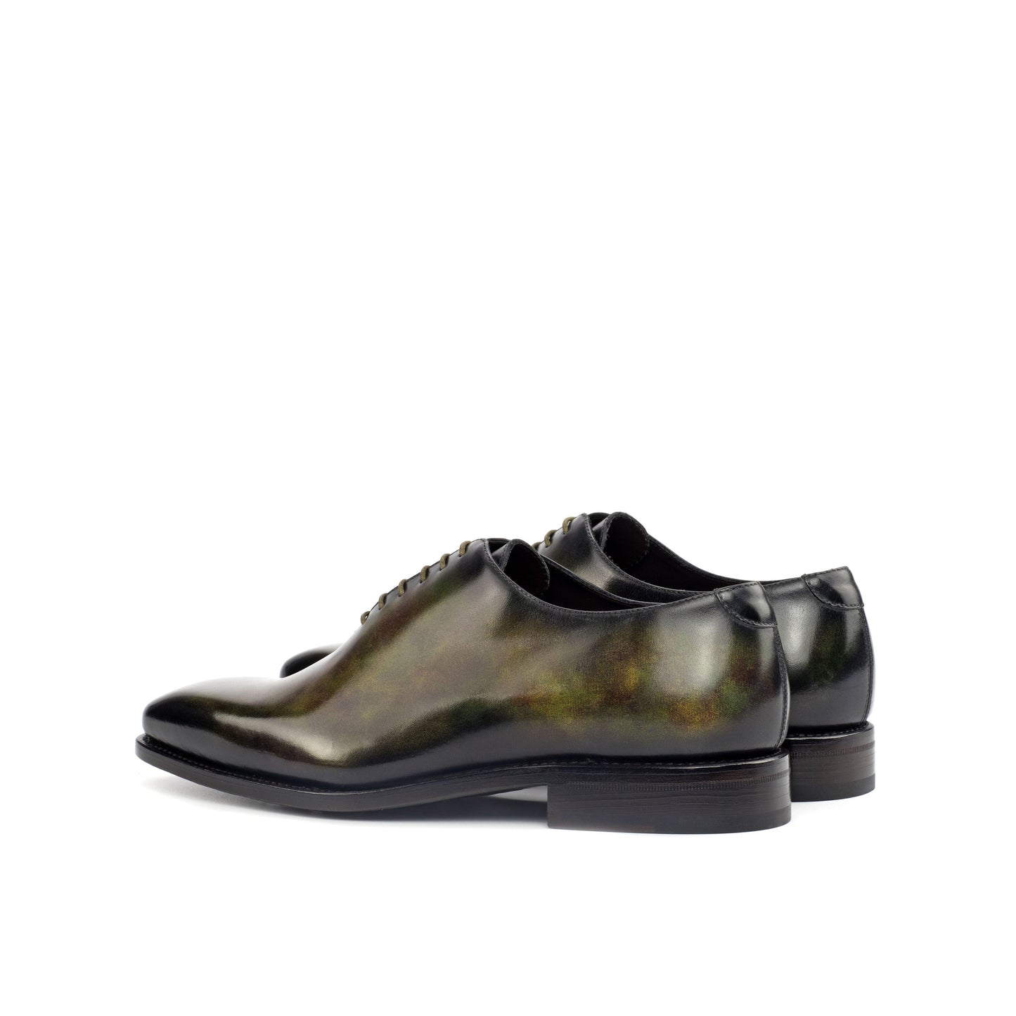 Wholecut Oxford in Green Museum Patina Box Calf, rear three-quarter view