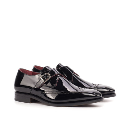 Single Monk Strap in Black Patent Leather and Black Herringbone Fabric, front three-quarter view