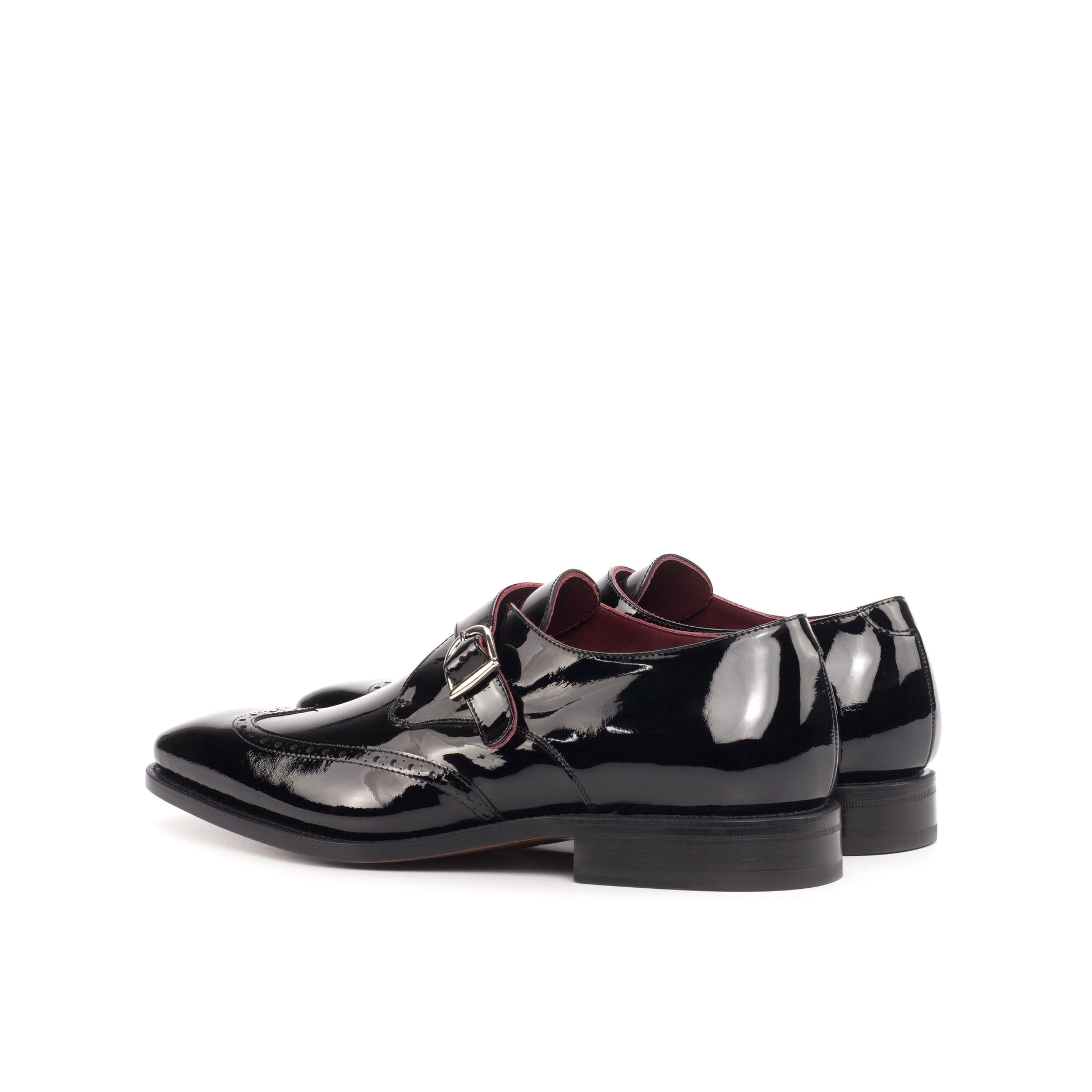 Single Monk Strap in Black Patent Leather and Black Herringbone Fabric, rear three-quarter view