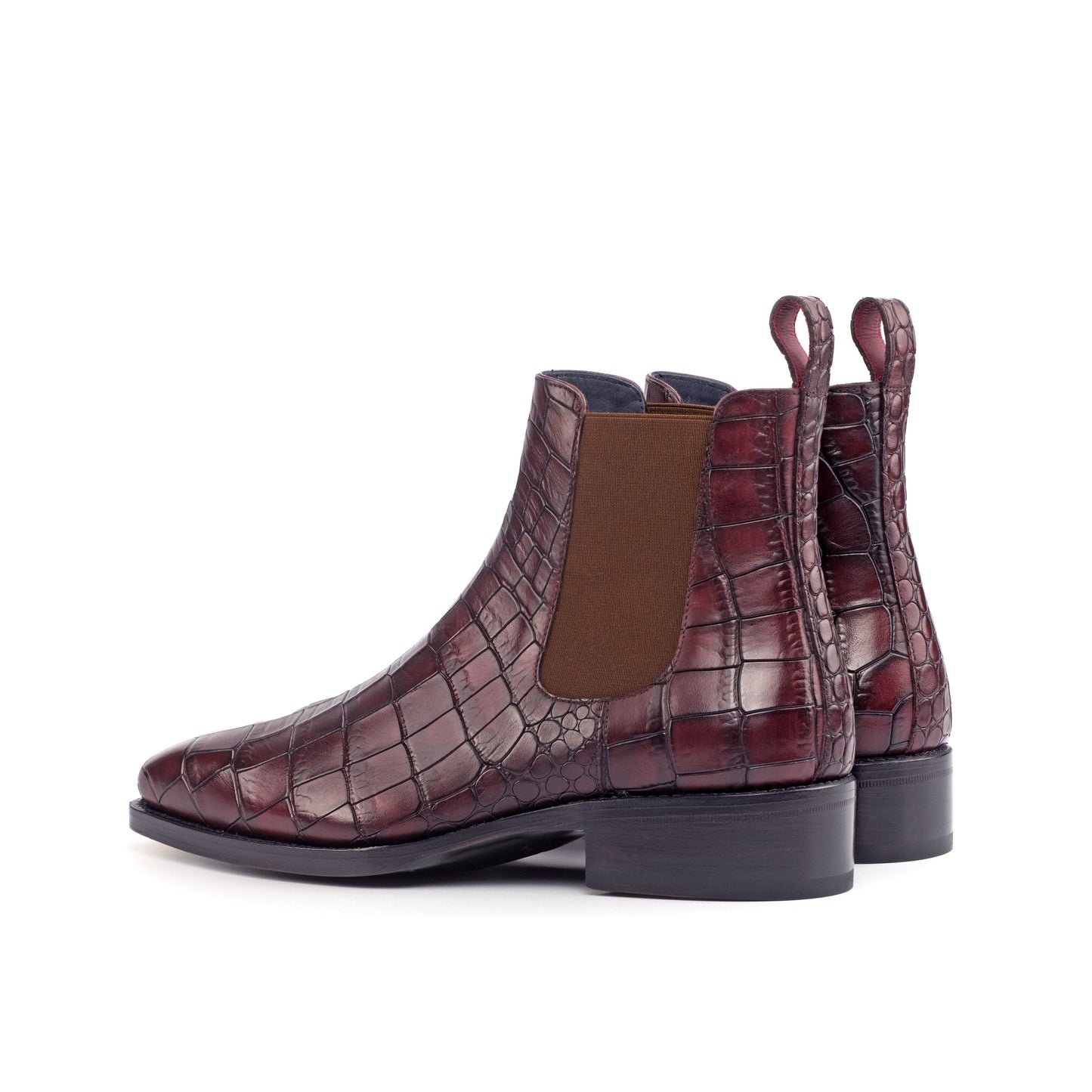 Burgundy painted croco-embossed box calf Chelsea boots, rear three-quarter view